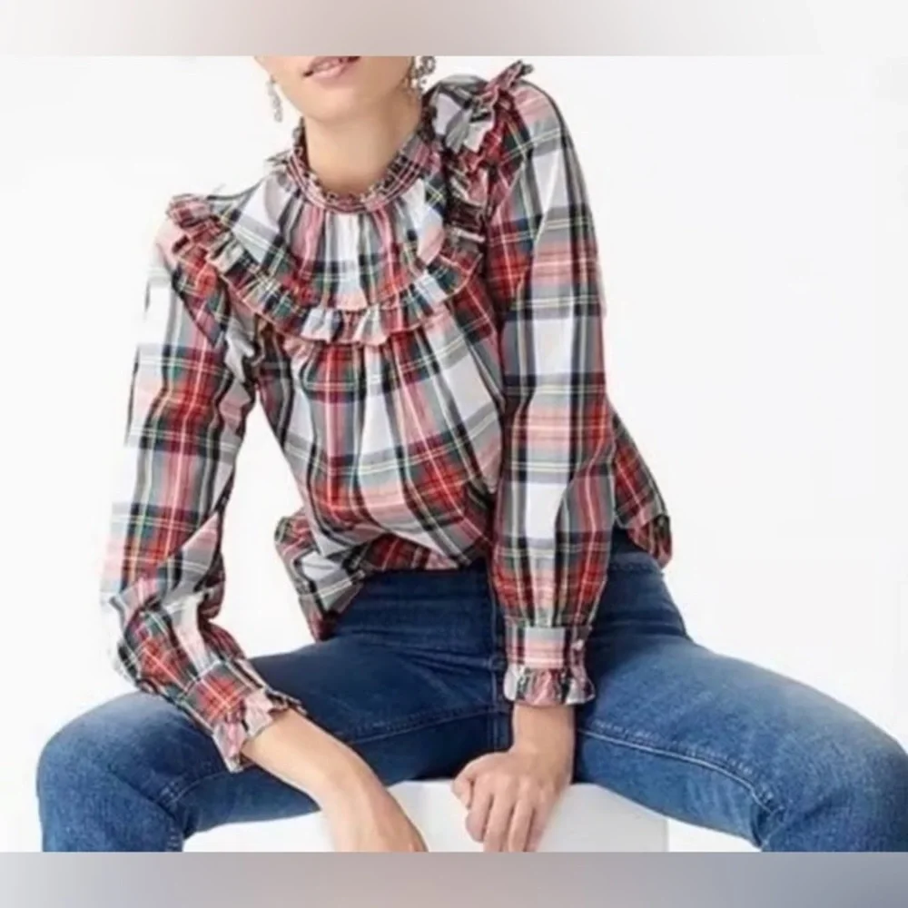 Crew Scallop Tie-Neck Puff Sleeve Top in Stewart Tartan Plaid Women’s XS